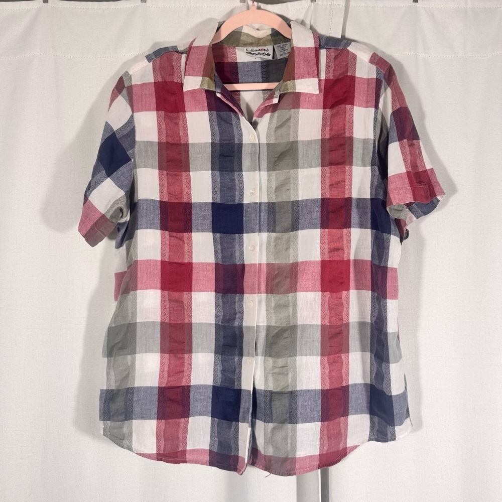 Vintage Lemon Grass Cotton Plaid Button Up Shirt with Heart Detail
